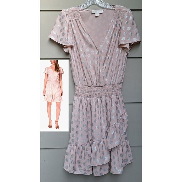 Michael Kors Palm Metallic Faux Wrap Ruffle Flatter Coquette Mini Dress Pink M - Picture 1 of 11